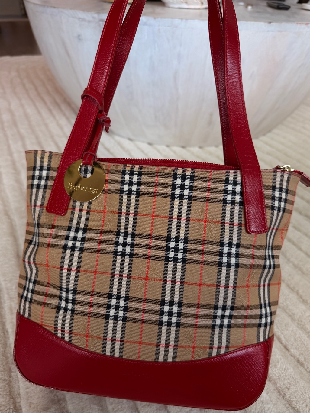 Burberry Beige Check Small Tote With Red Leather Trim